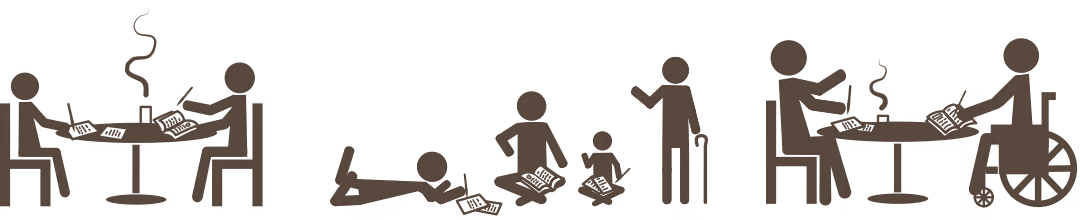 Stick people in a cafe, journaling and supporting each other